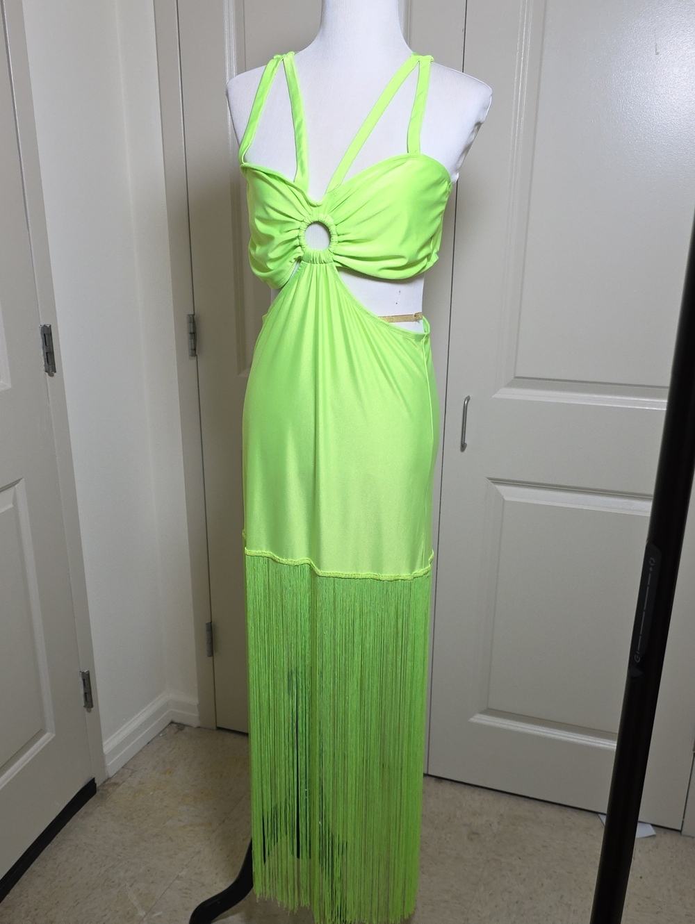 Fashion Nova Neon Lime Fringe Cutout Maxi Dress with Strappy Top